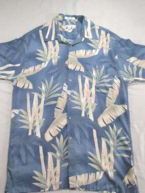 Vintage Pierre Cardin Blue Hawaiian Aloha Shirt Bamboo Leaf Print Rayon Medium